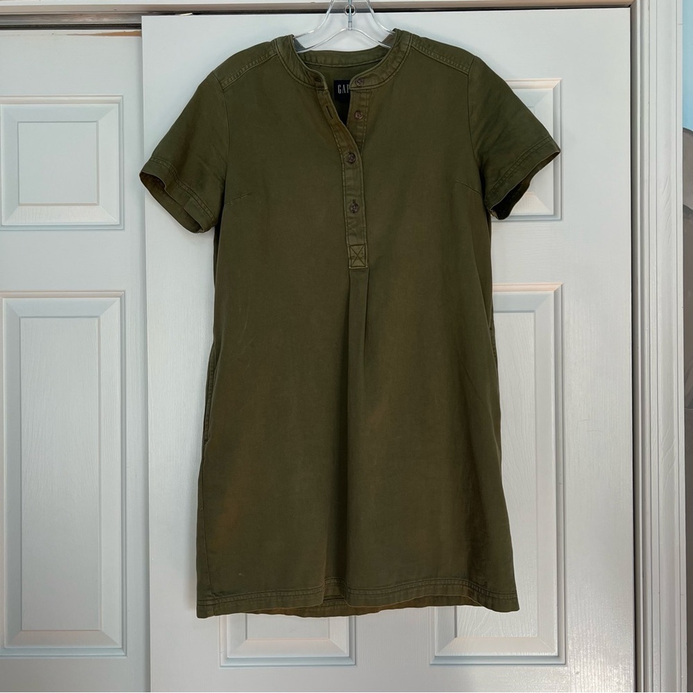 Gap Olive Green Popover Shirt Dress Size xs Short Sleeve Pockets Henley
